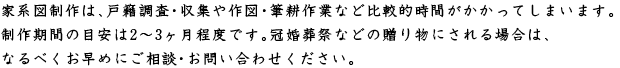 家系図制作は、戸籍調査・収集や作図・筆耕作業など比較的時間がかかってしまいます。制作期間の目安は2〜3ヶ月程度です。冠婚葬祭などの贈り物にされる場合は、なるべくお早めにご相談・お問い合わせください。